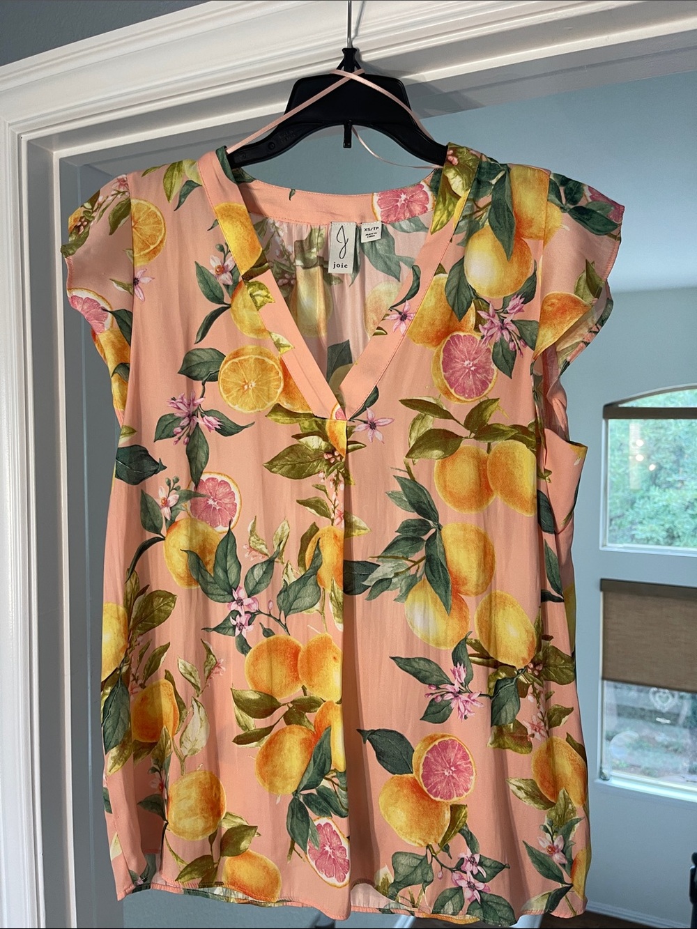 Joie Peach Blossom Citrus Print V-Neck Flutter Sleeve Top